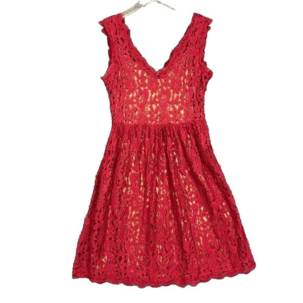 Greylin Dress Womens Small Red Lace Overlay Gold Slip Sleeveless Anthropologie
